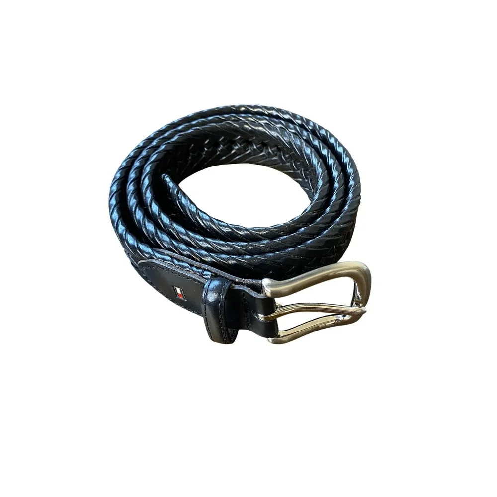 Tommy Hilfiger Mens Braided Woven Leather Trim Belt Black TKBC 40/100